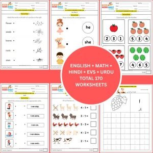 worksheets pack for nursery (math, english, hindi, evs, urdu & colouring) (age 3+) | 170 pages